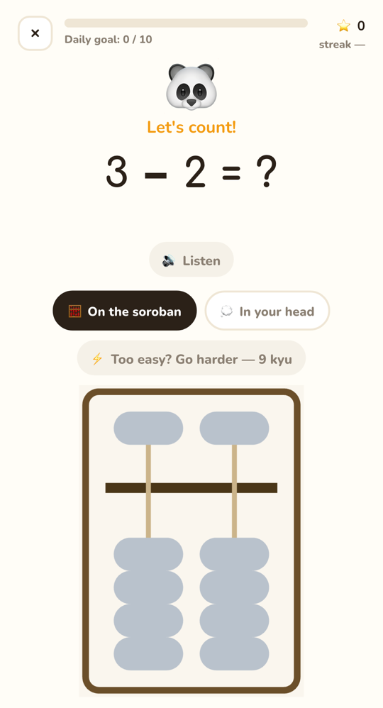 Practice screen: the problem 3 − 2, the “On the soroban” mode and the abacus beads